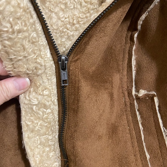 Decree Brown Faux Suede Shearling Bomber Jacket with Cream Trim - Picture 4 of 8